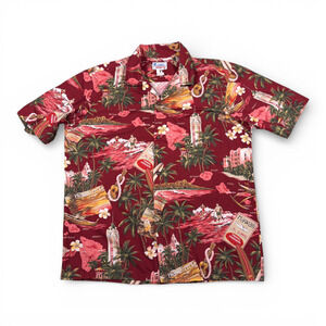 Vintage Hawaiian Shirt Adult LARGE Red Honolulu Surfer Hibiscus Hawaii USA 80s